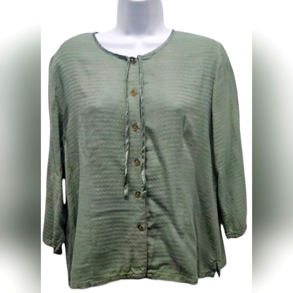 0026 April Cornell Front Tie Button Up Sage Green Top 3/4 Sleeve Blouse Medium